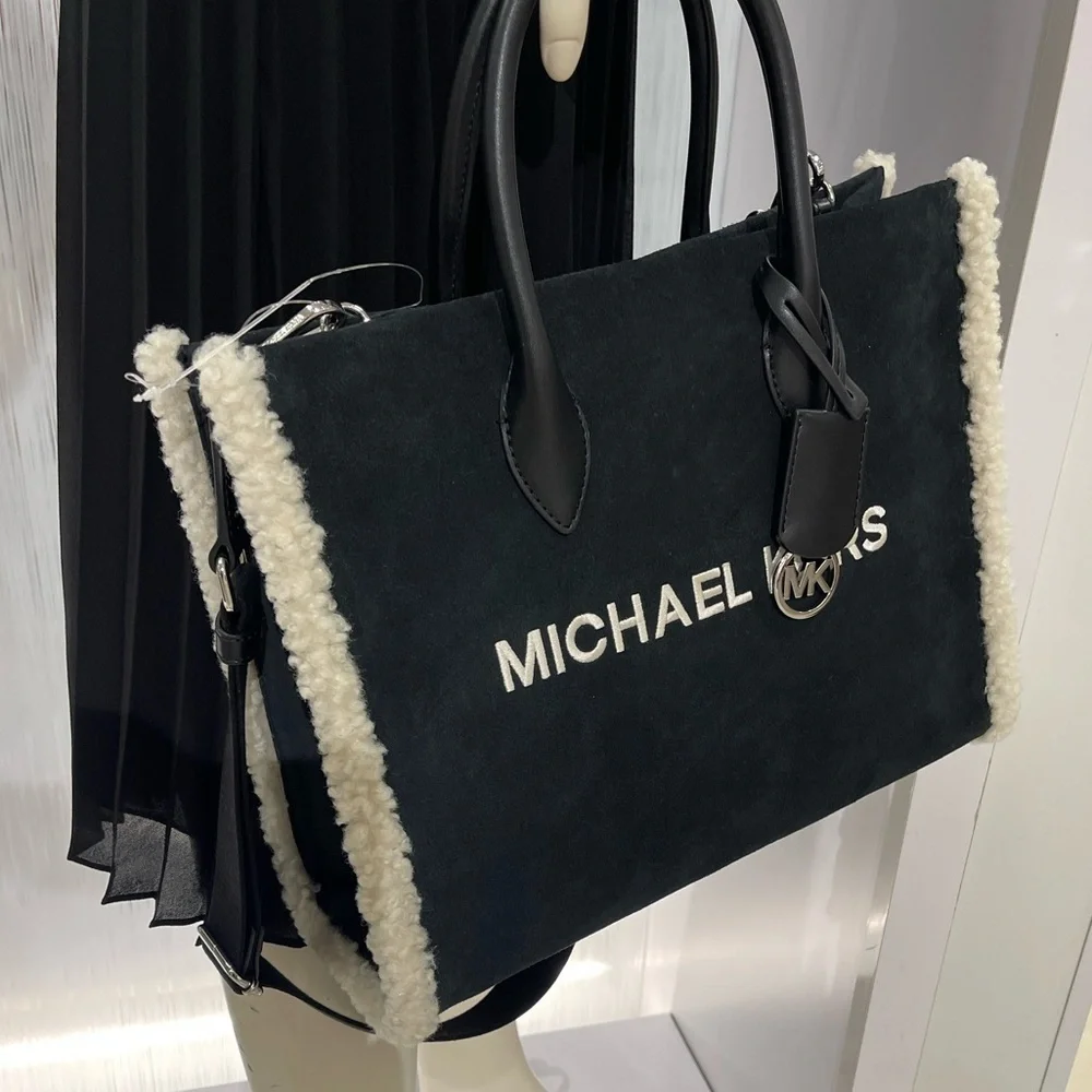 MICHAEL KORS Mirella Medium Suede and Faux Shearling Tote Bag Black  NWT